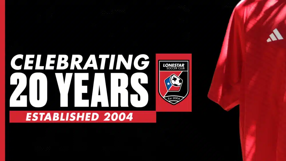 Celebrating 20 years of Lonestar Soccer Club established 2004 with red jersey and club logo