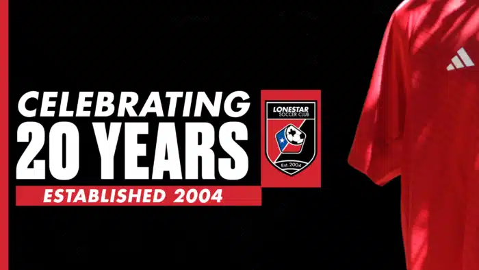 Celebrating 20 years of Lonestar Soccer Club established 2004 with red jersey and club logo