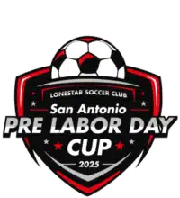 San Antonio Pre Labor Day Cup 2025 logo featuring a soccer ball and shield design with red accents