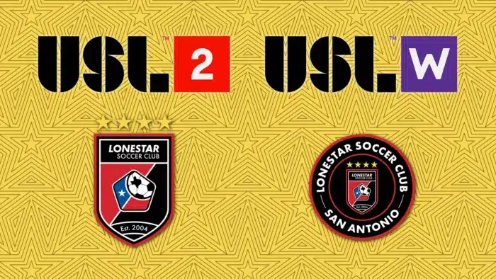 USL 2 and USL W logos alongside Lonestar Soccer Club crests on yellow patterned background