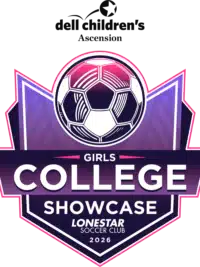 Girls College Showcase Lonestar Soccer Club 2026 logo with soccer ball and purple pink design