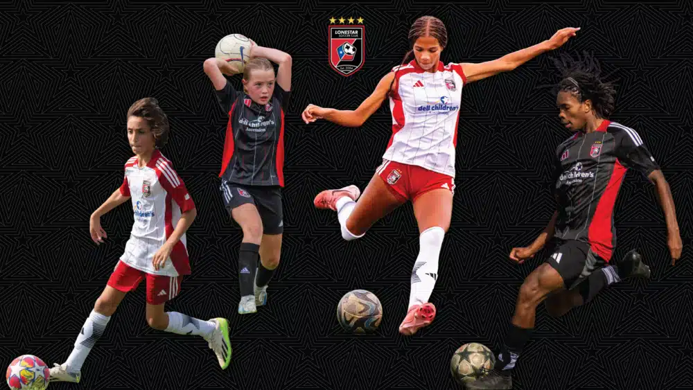 Soccer players in dynamic action poses against a black background with a team logo.