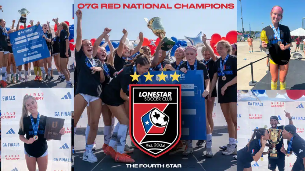 Lonestar Soccer Club girls team celebrates championship victory with trophy and medals
