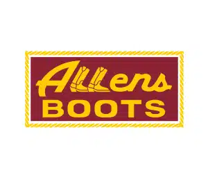 Allens Boots logo in red and yellow showing western design elements