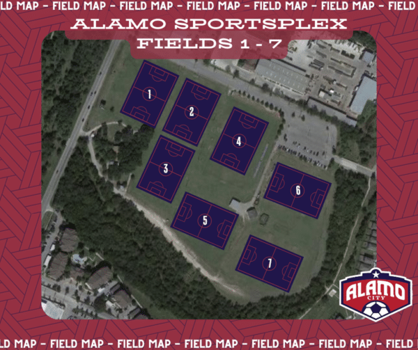 Aerial view of Alamo Sportsplex showing fields numbered 1 to 7.