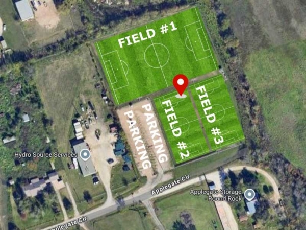 Map showing three soccer fields labeled 1 to 3 with parking area at Applegate Circle storage location