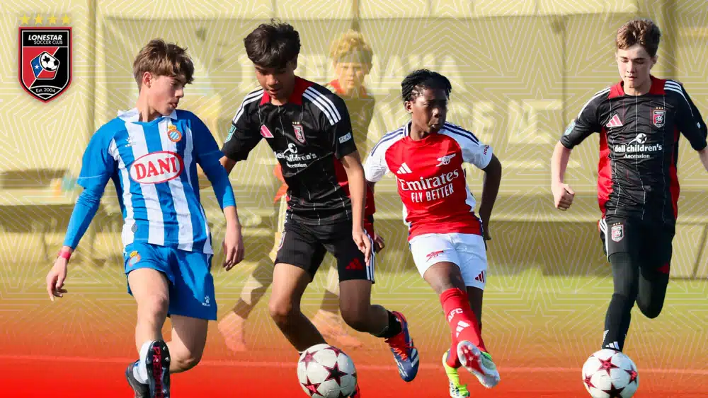 Youth soccer players in action on the field for Lonestar SC with vibrant jerseys and soccer ball