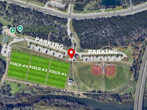 Aerial view of Brushy Creek sports fields parking and trails
