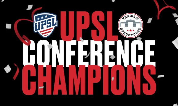 UPSL Conference Champions celebration with logos and confetti on a black background