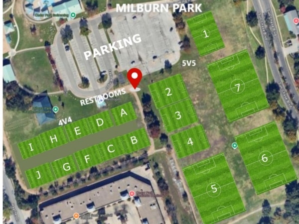 Map of Milburn Park showing parking, restrooms, and soccer fields labeled for 4v4 and 5v5 games