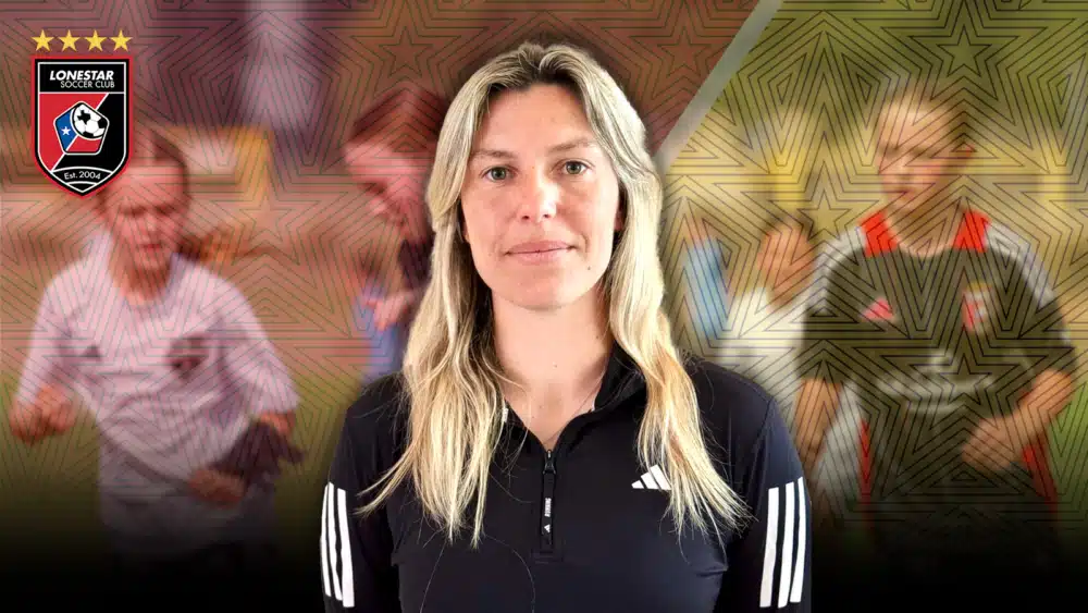 Soccer coach standing with Lonestar Soccer Club logo in background with blurred play scene.