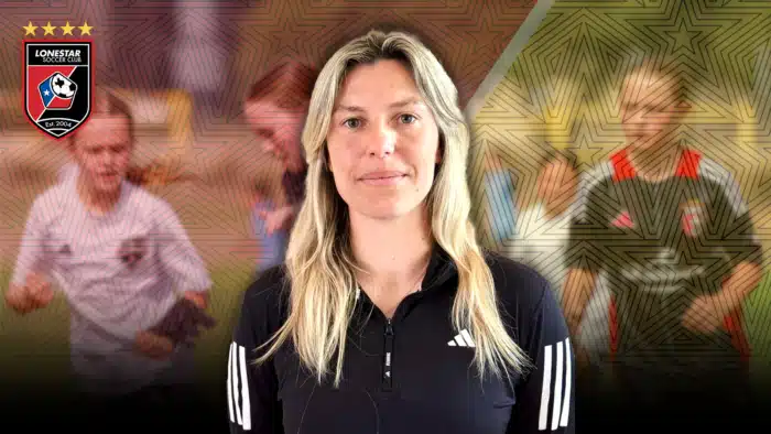 Soccer coach standing with Lonestar Soccer Club logo in background with blurred play scene.