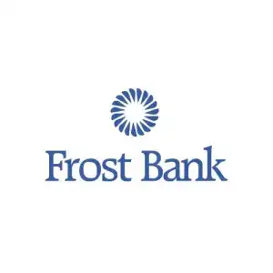 Frost Bank logo featuring blue stylized sunburst design above the company name in blue text