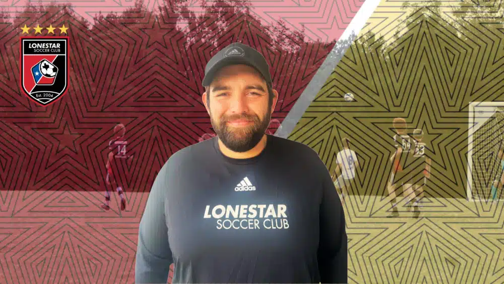 Man wearing a Lonestar Soccer Club shirt and cap standing in front of a football-themed background