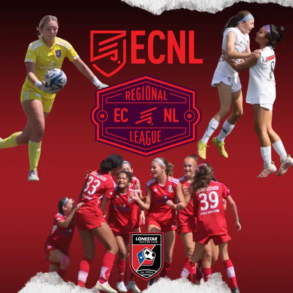 Girls competing at ECNL Regional League soccer event in team uniforms with logos displayed