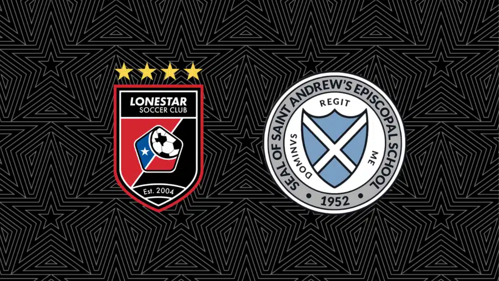Lonestar Soccer Club and Saint Andrew's Episcopal School logos on patterned background