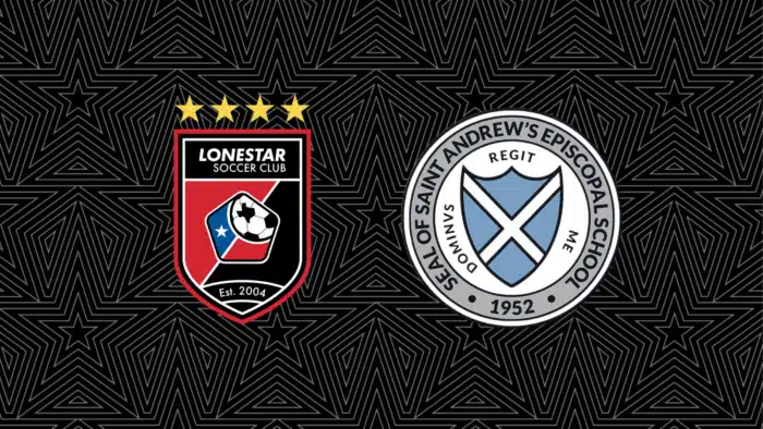 Lonestar Soccer Club and Saint Andrew's Episcopal School logos on patterned background