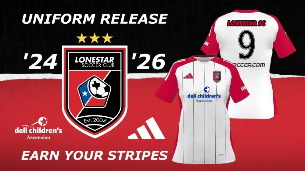 Lonestar Soccer Club uniform release for 2024 to 2026 showing home jersey design and sponsors.
