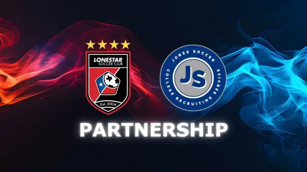 Lonestar Soccer Club and Jones Soccer partnership announcement with vibrant red and blue background