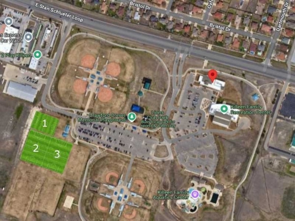 Aerial view of Lions Club Park with playgrounds sports fields and Killeen Family Recreation Center in Texas