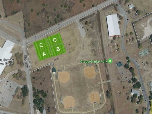 Aerial view of Gregg Clarke Park with sports fields in a neighborhood setting