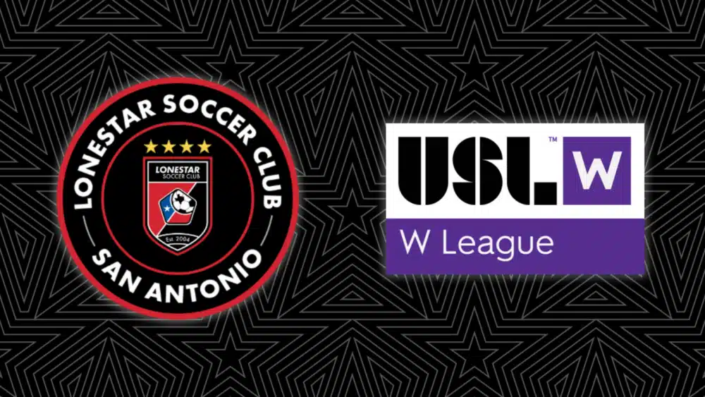 Lonestar Soccer Club and USL W League logos on a star-patterned background