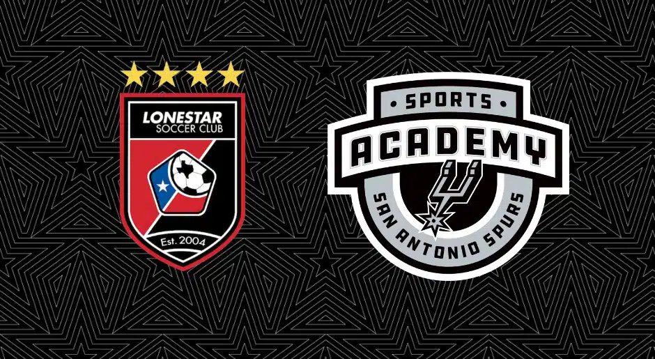 Lonestar Soccer Club and San Antonio Spurs Academy logos on starry black background