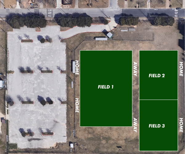 Aerial view of sports complex with three labeled fields and adjacent parking area