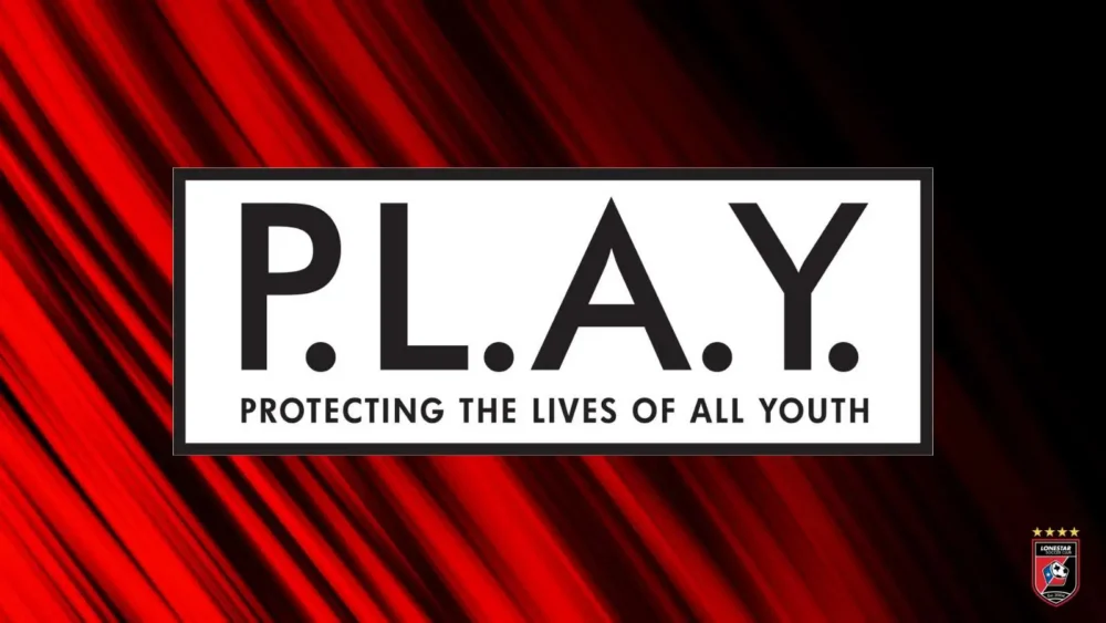 PLAY logo with Protecting the Lives of All Youth on a red striped background
