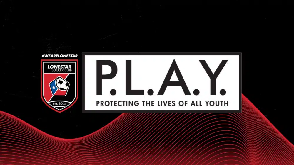 Lonestar Soccer Club PLAY initiative logo against red and black wavy background