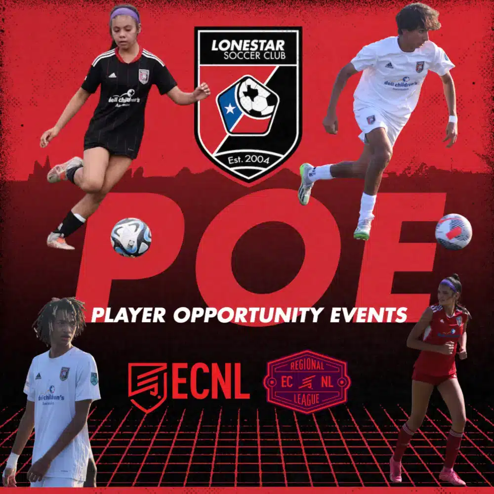 Lonestar Soccer Club Player Opportunity Events with players in action and ECNL Regional League logos