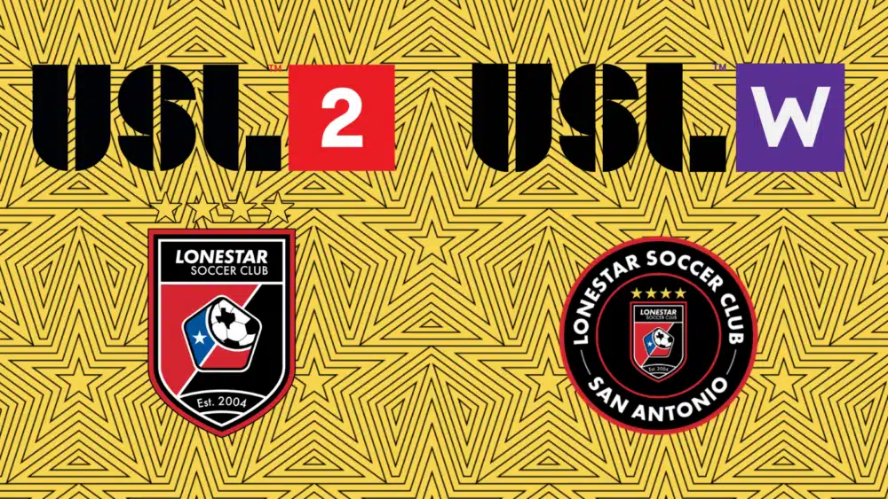 Lonestar Soccer Club logos with USL2 and USLW banners on a patterned yellow background