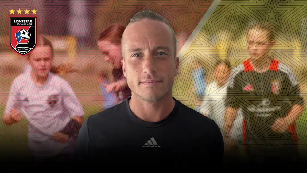 Portrait of a soccer coach with Lonestar Soccer Club logo and players in the background