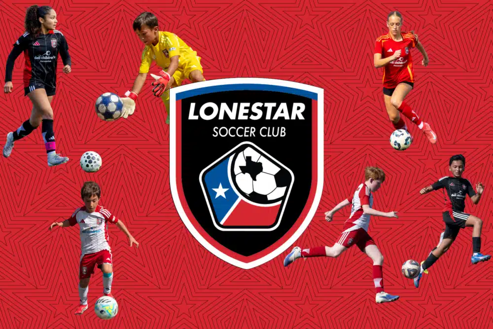 Lonestar Soccer Club logo surrounded by young athletes in action on a red geometric background