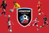 Lonestar Soccer Club logo surrounded by young athletes in action on a red geometric background