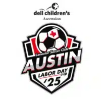 Austin Labor Day Cup 2025 logo featuring a soccer ball and Dell Children's sponsorship