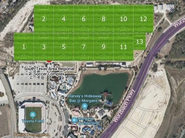 Map of South Texas Area Regional Soccer Complex with numbered soccer fields and nearby landmarks.