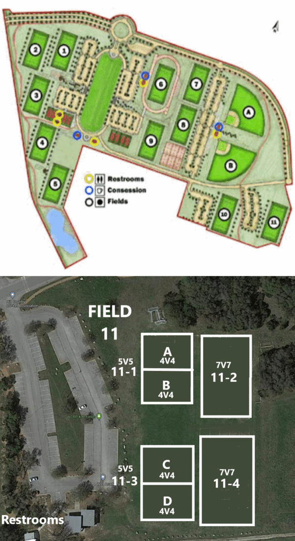 Soccer field layout with restrooms concession areas and numbered game fields