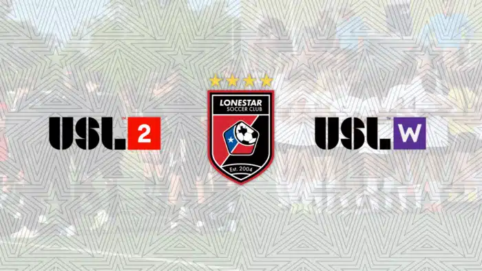 Lonestar Soccer Club logo between USL2 and USLW logos on a patterned background
