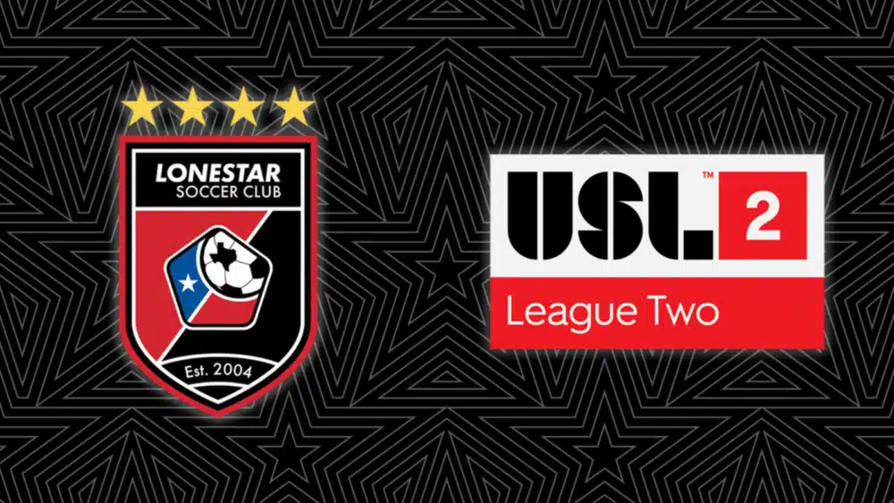 Lonestar Soccer Club and USL League Two logos on a patterned star background