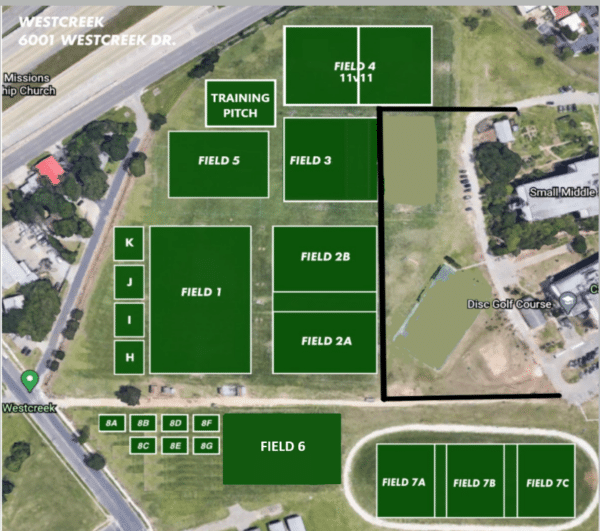 Map showing sports fields and disc golf course layout at Westcreek 6001 Westcreek Drive.