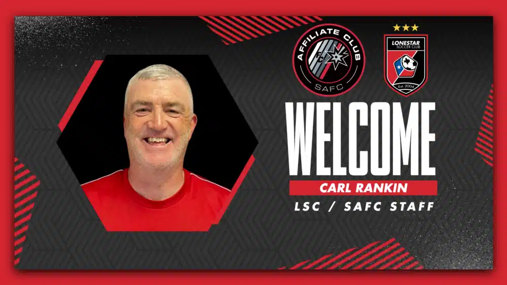 Man in red shirt welcomed to Lonestar Soccer Club staff on graphic background