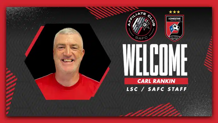 Man in red shirt welcomed to Lonestar Soccer Club staff on graphic background