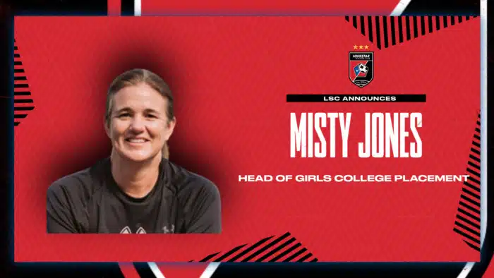 Smiling woman in a sports shirt on a red background with text about a soccer club announcement.