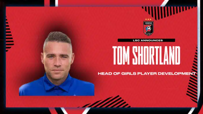 Announcement for new soccer head of girls player development on a red graphic background