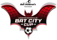 Bat City Cup 2025 logo featuring a red bat with a soccer ball
