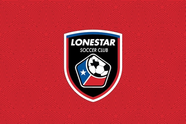 Lonestar Soccer Club logo with a star and soccer ball on a red patterned background