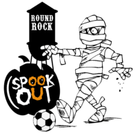Mummy playing soccer with Spook Out and Round Rock text in black background