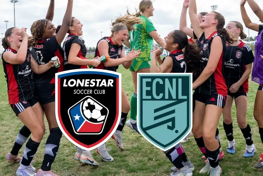 Girls soccer team celebrating on the field with Lonestar Soccer and ECNL logos visible.