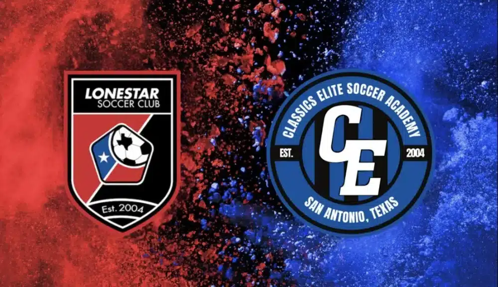 Lonestar Soccer Club and Classics Elite Soccer Academy logos on red and blue background